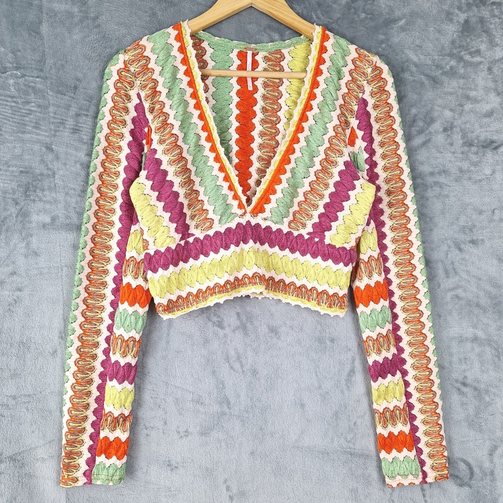 Free People Top Large Boho Babydoll Cropped Knit Festival Hippie Retro 70s Indie